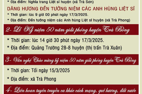 TRÀ BỒNG NHIỀU HOẠT ĐỘNG KỶ NIỆM 50 NĂM NGÀY GIẢI PHÓNG HUYỆN TRÀ BỒNG  (18/3/1975 - 18/3/2025)